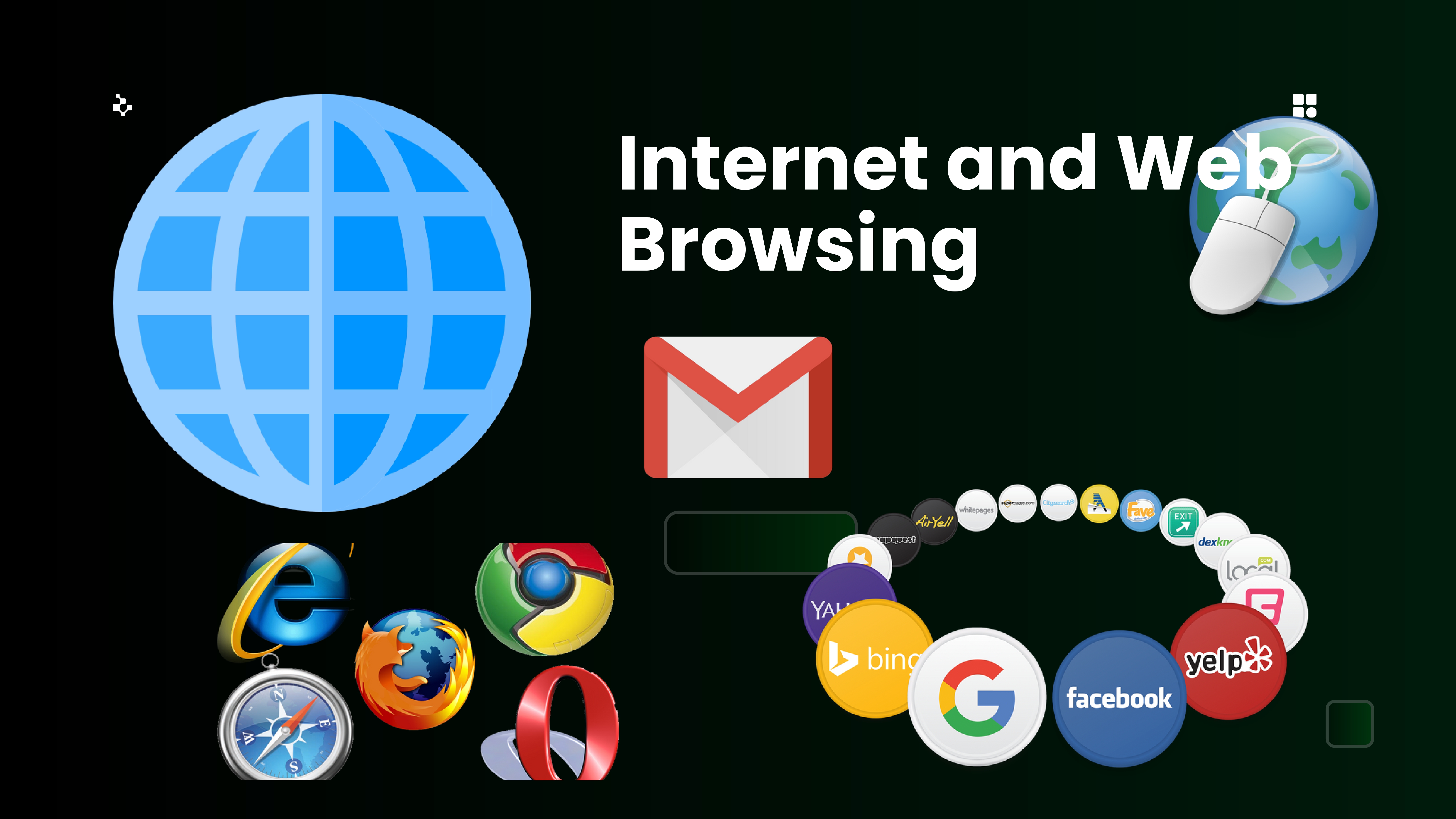 Infographic showing a desktop computer, laptop, and basic hardware components like CPU, mouse, and keyboard with neon highlights on a dark background